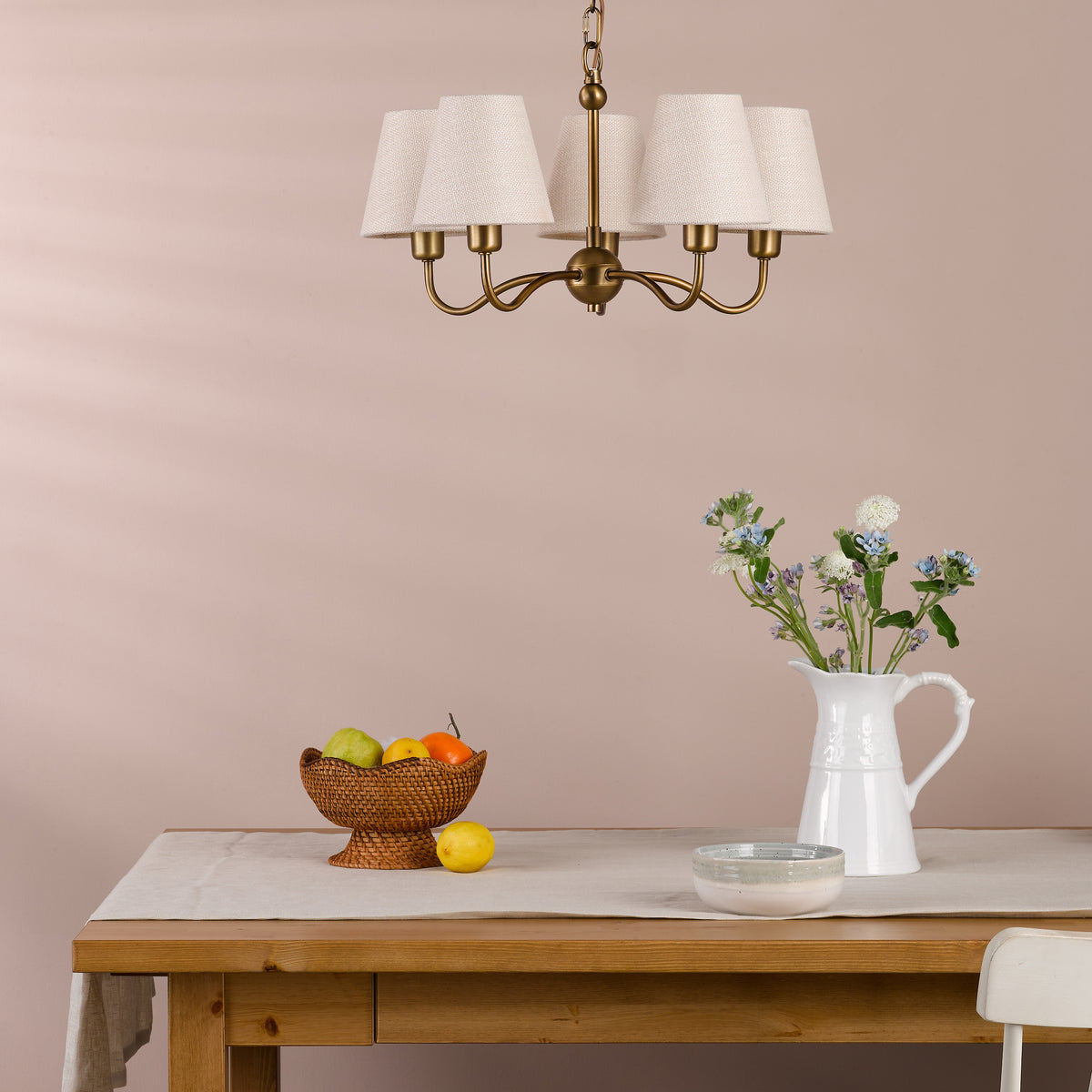 Elara Five Arm Pendant in Antique Bronze with Tapered Linen Shade