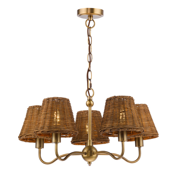 Elara Five Arm Pendant in Antique Bronze with Tapered Brown Rattan Shade
