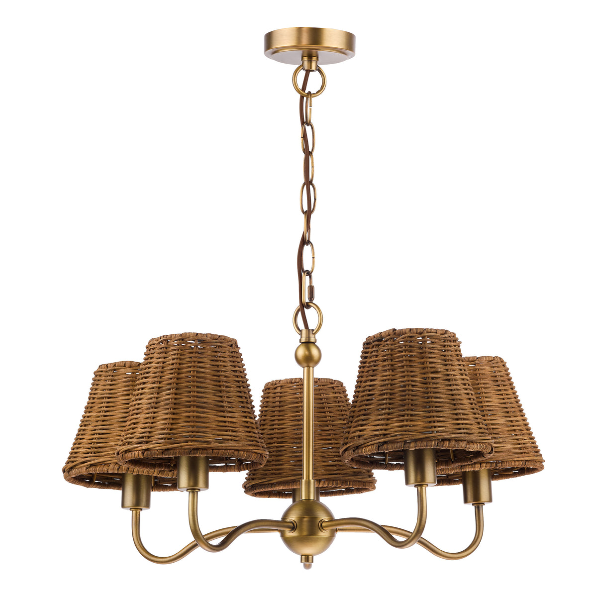Elara Five Arm Pendant in Antique Bronze with Tapered Brown Rattan Shade