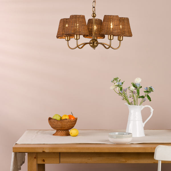 Elara Five Arm Pendant in Antique Bronze with Tapered Brown Rattan Shade