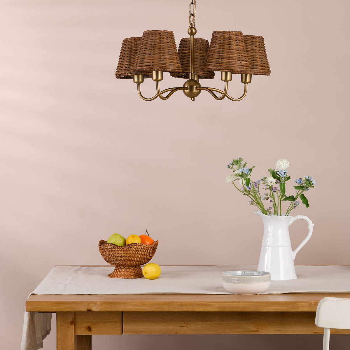 Elara Five Arm Pendant in Antique Bronze with Tapered Brown Rattan Shade