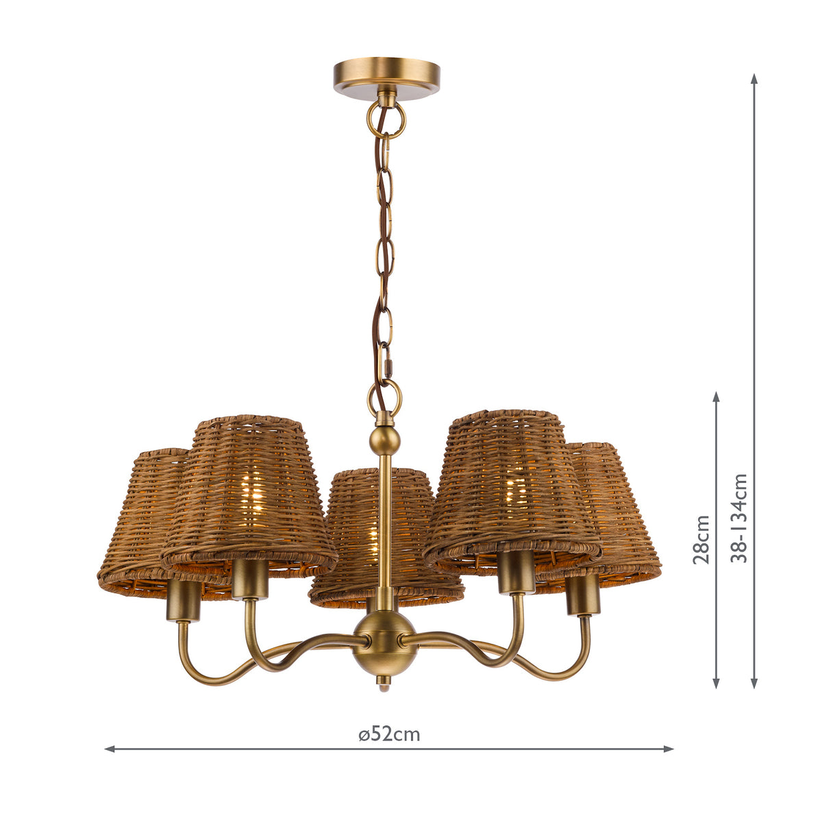 Elara Five Arm Pendant in Antique Bronze with Tapered Brown Rattan Shade