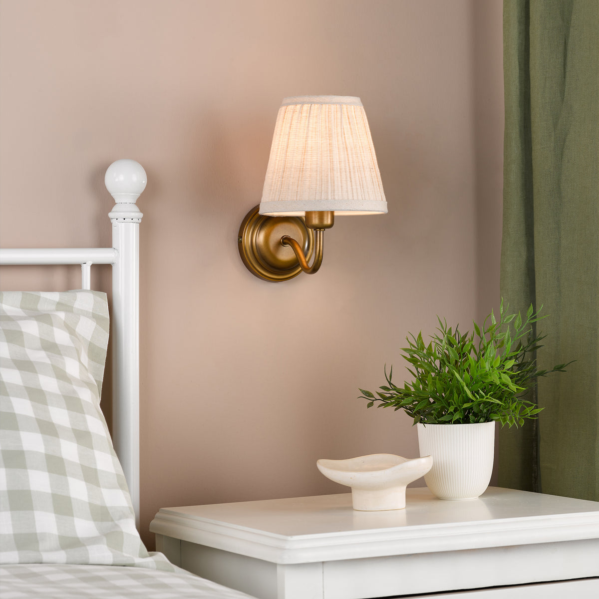 Elara Switched Wall Light in Antique Bronze with Pleated Linen Shade