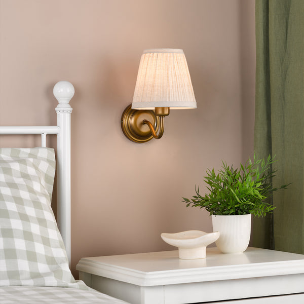 Elara Switched Wall Light in Antique Bronze with Pleated Linen Shade
