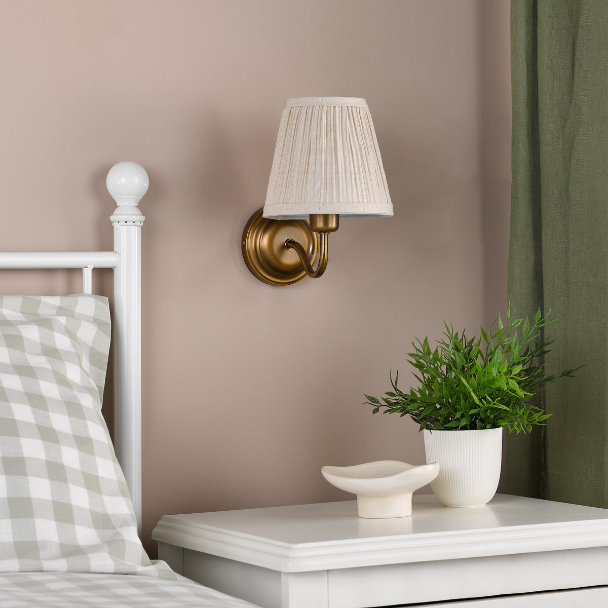 Elara Switched Wall Light in Antique Bronze with Pleated Linen Shade