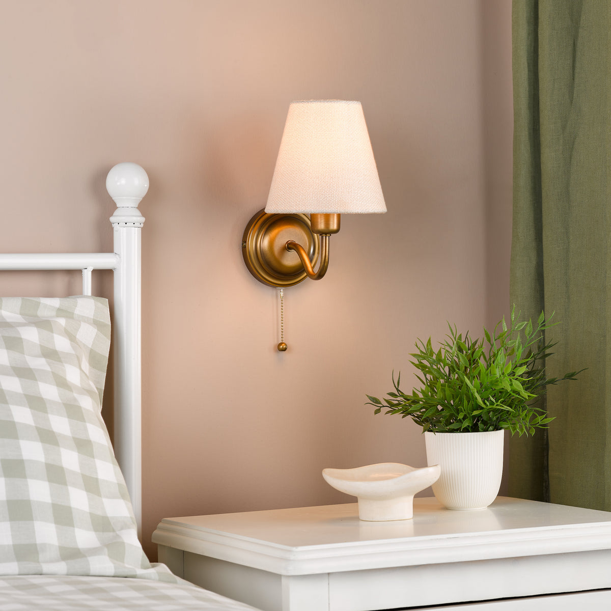 Elara Switched Wall Light in Antique Bronze with Tapered Linen Shade