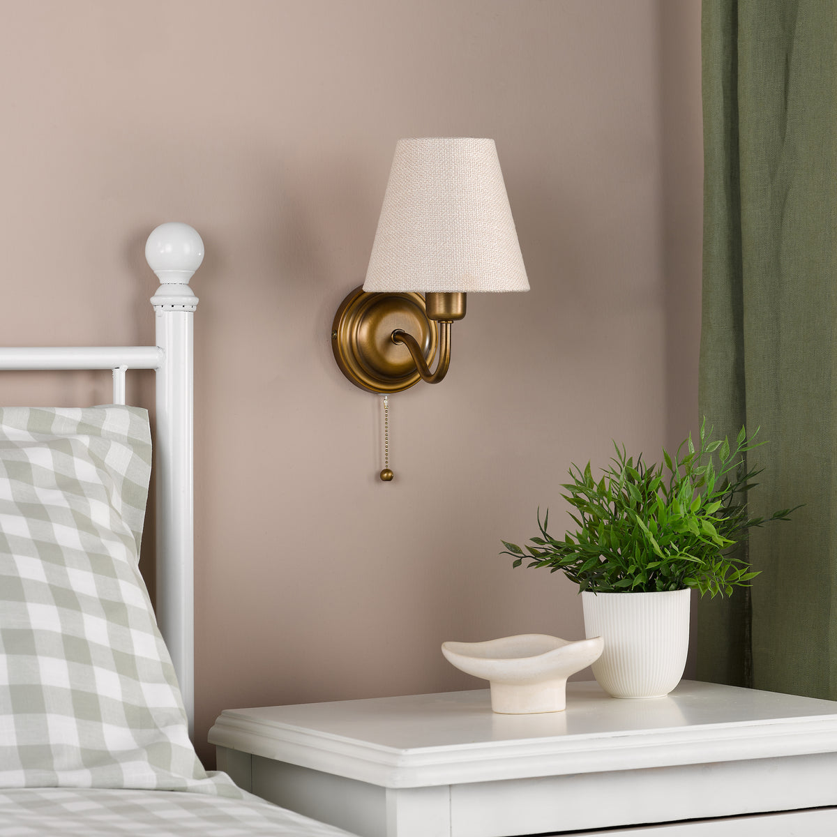 Elara Switched Wall Light in Antique Bronze with Tapered Linen Shade