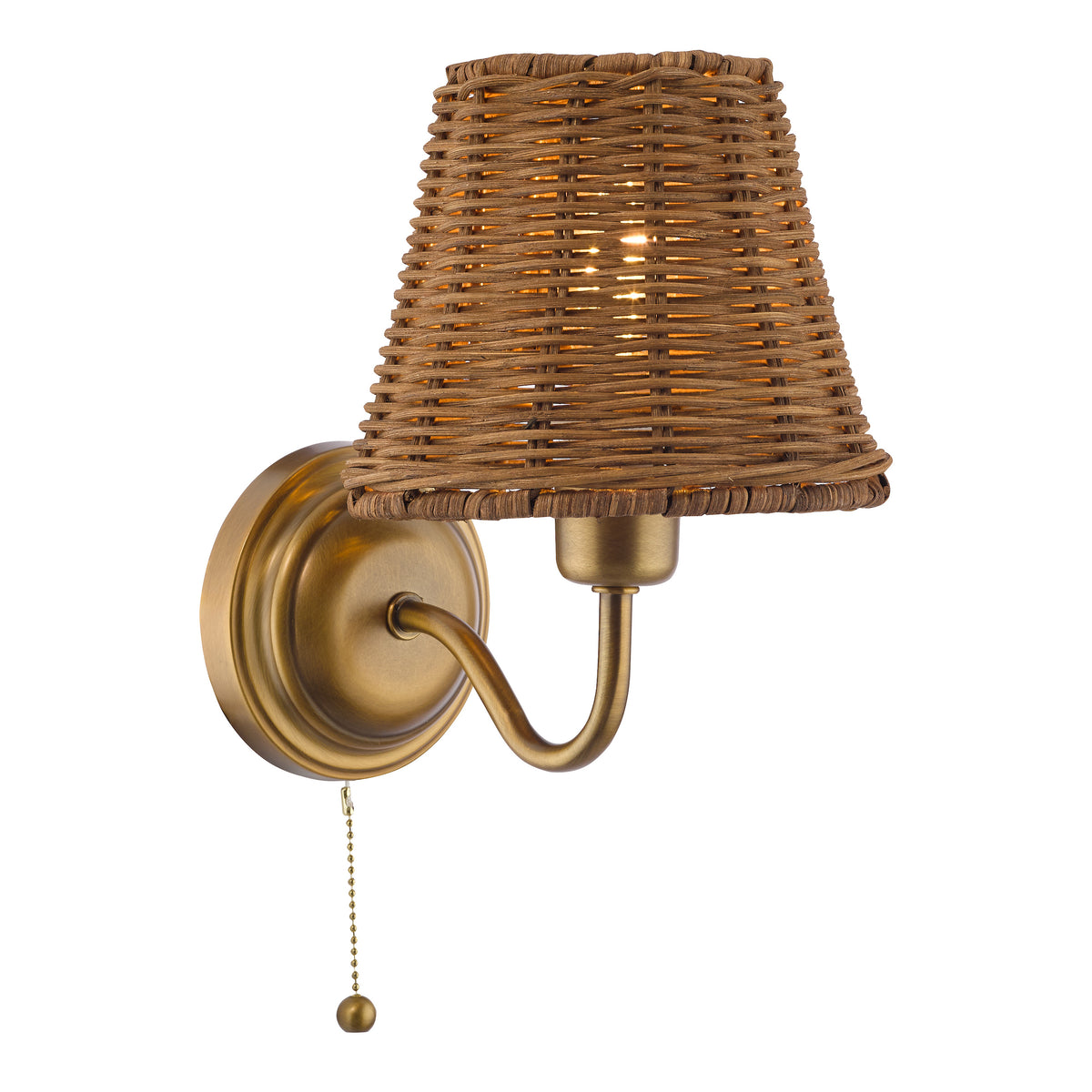 Elara Switched Wall Light in Antique Bronze with Tapered Brown Rattan Shade