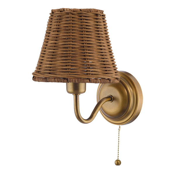 Elara Switched Wall Light in Antique Bronze with Tapered Brown Rattan Shade