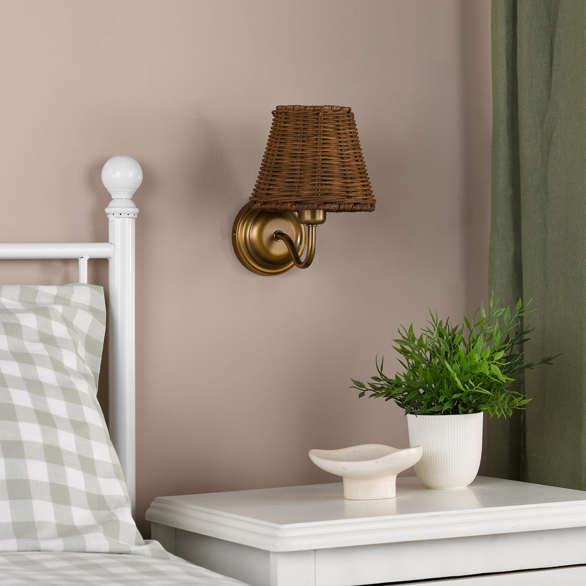 Elara Switched Wall Light in Antique Bronze with Tapered Brown Rattan Shade