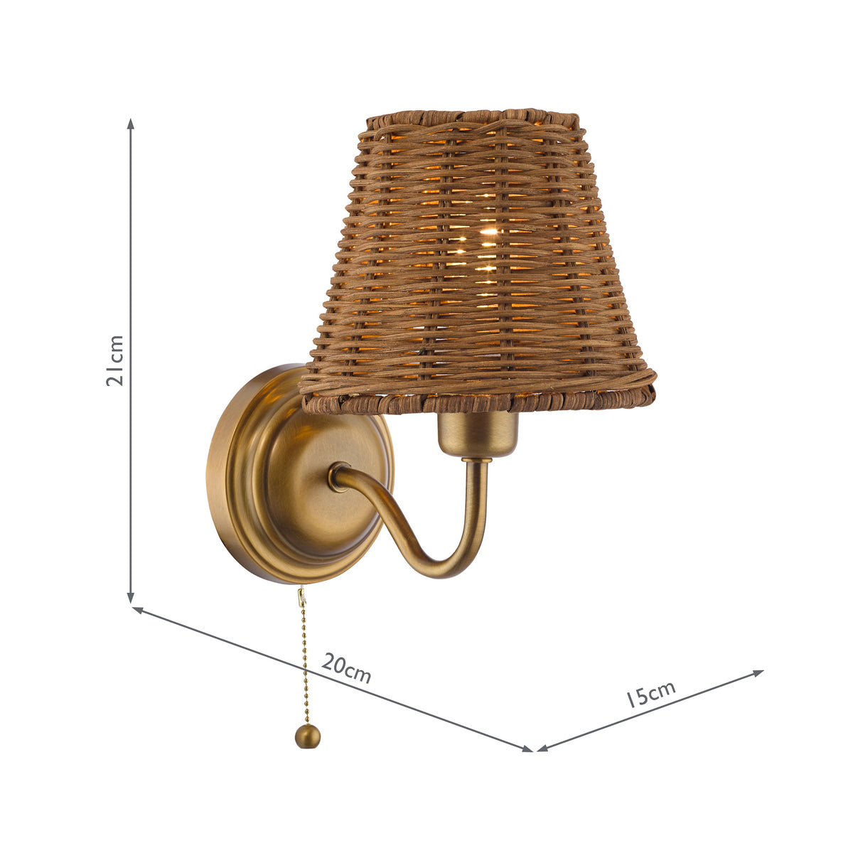 Elara Switched Wall Light in Antique Bronze with Tapered Brown Rattan Shade