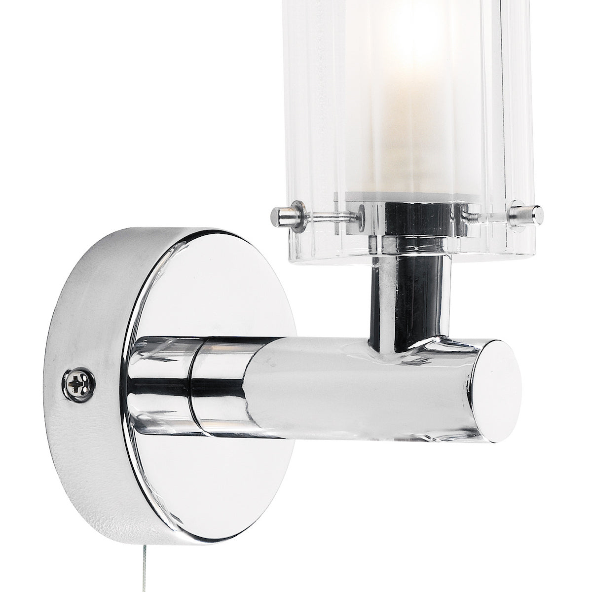 Chrome wall light with a clear, ribbed glass shade and a pull cord switch.