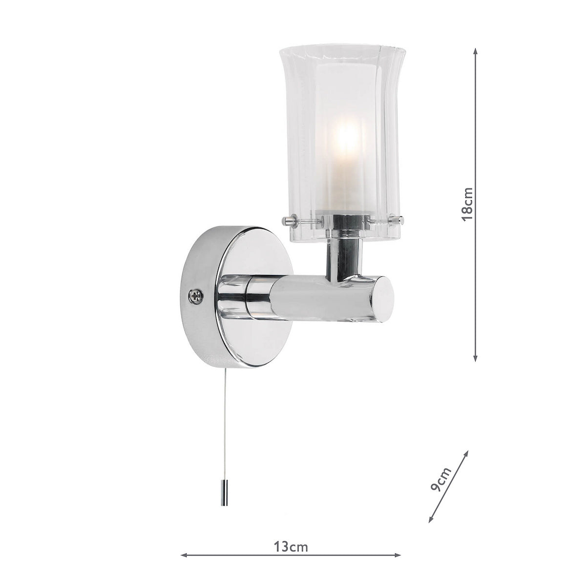 Chrome wall light with a clear glass shade and pull cord switch, showing dimensions of 18cm, 13cm, and 9cm.