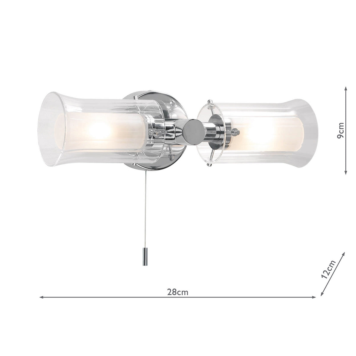 Chrome wall light with two clear glass shades and a pull cord switch, showing dimensions.