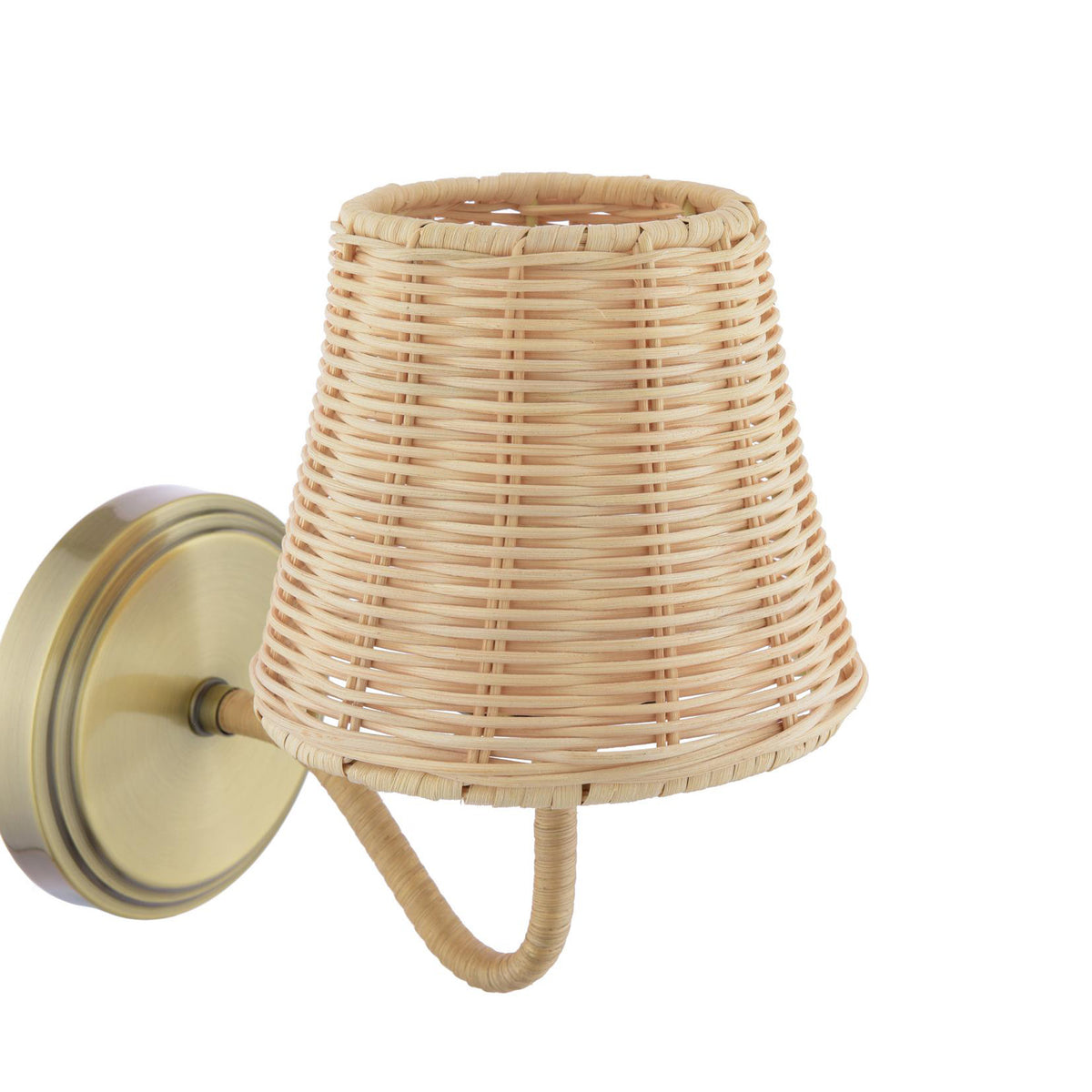 Joules Elcot rechargeable wall light in antique brass with a natural rattan shade