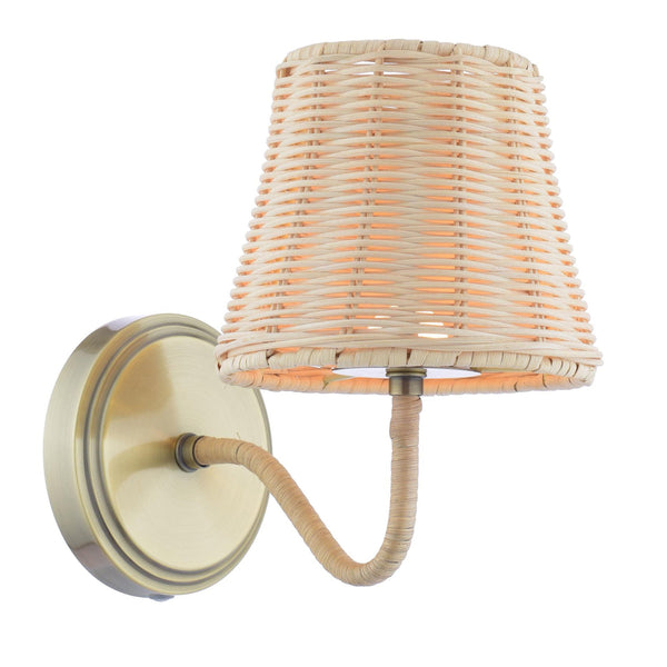 Joules Elcot rechargeable wall light in antique brass with a natural rattan shade