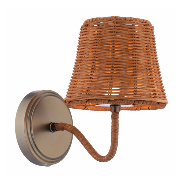 Joules Elcot rechargeable wall light in satin bronze with a dark rattan shade