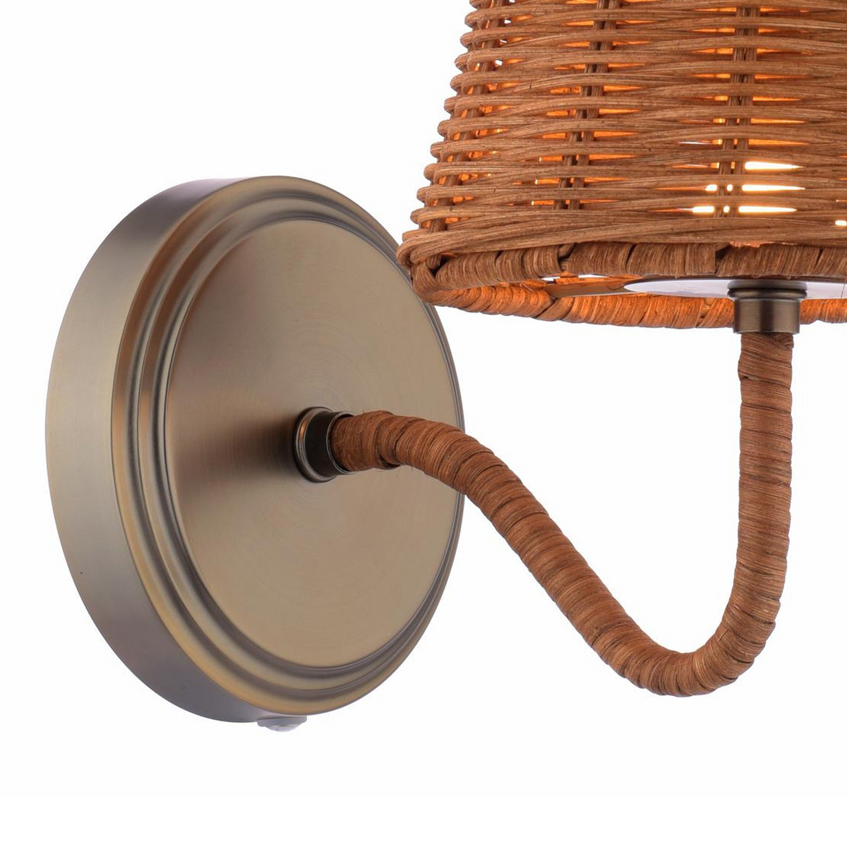 Joules Elcot rechargeable wall light in satin bronze with a dark rattan shade