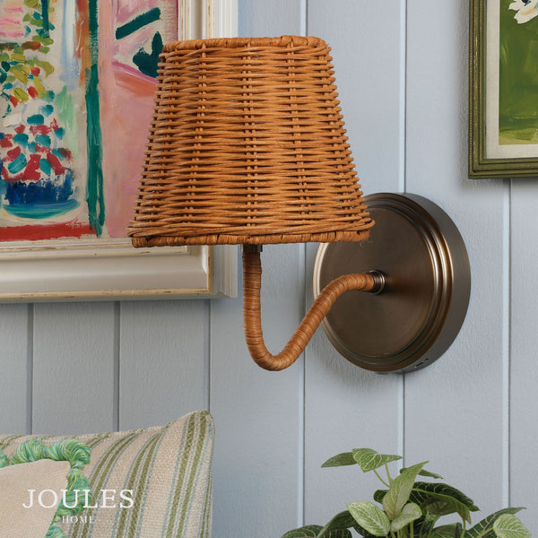 Elcot Rechargeable Wall Light in Satin Bronze with Dark Rattan Shade