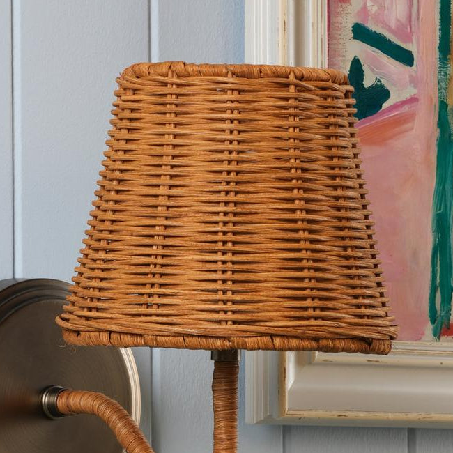 Joules Elcot rechargeable wall light with a dark rattan shade and satin bronze finish