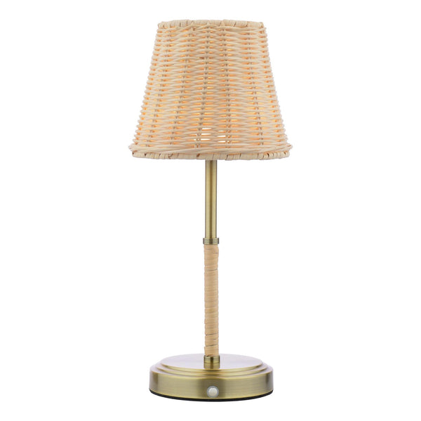 Elcot Rechargeable Table Lamp in Antique Brass with Natural Rattan Shade