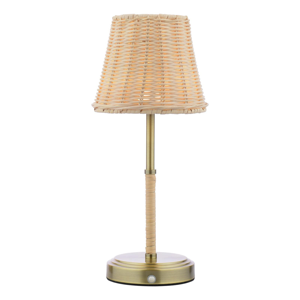 Joules Elcot rechargeable table lamp with antique brass base and natural rattan shade