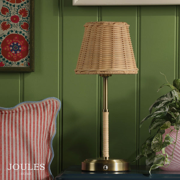 Elcot Rechargeable Table Lamp in Antique Brass with Natural Rattan Shade