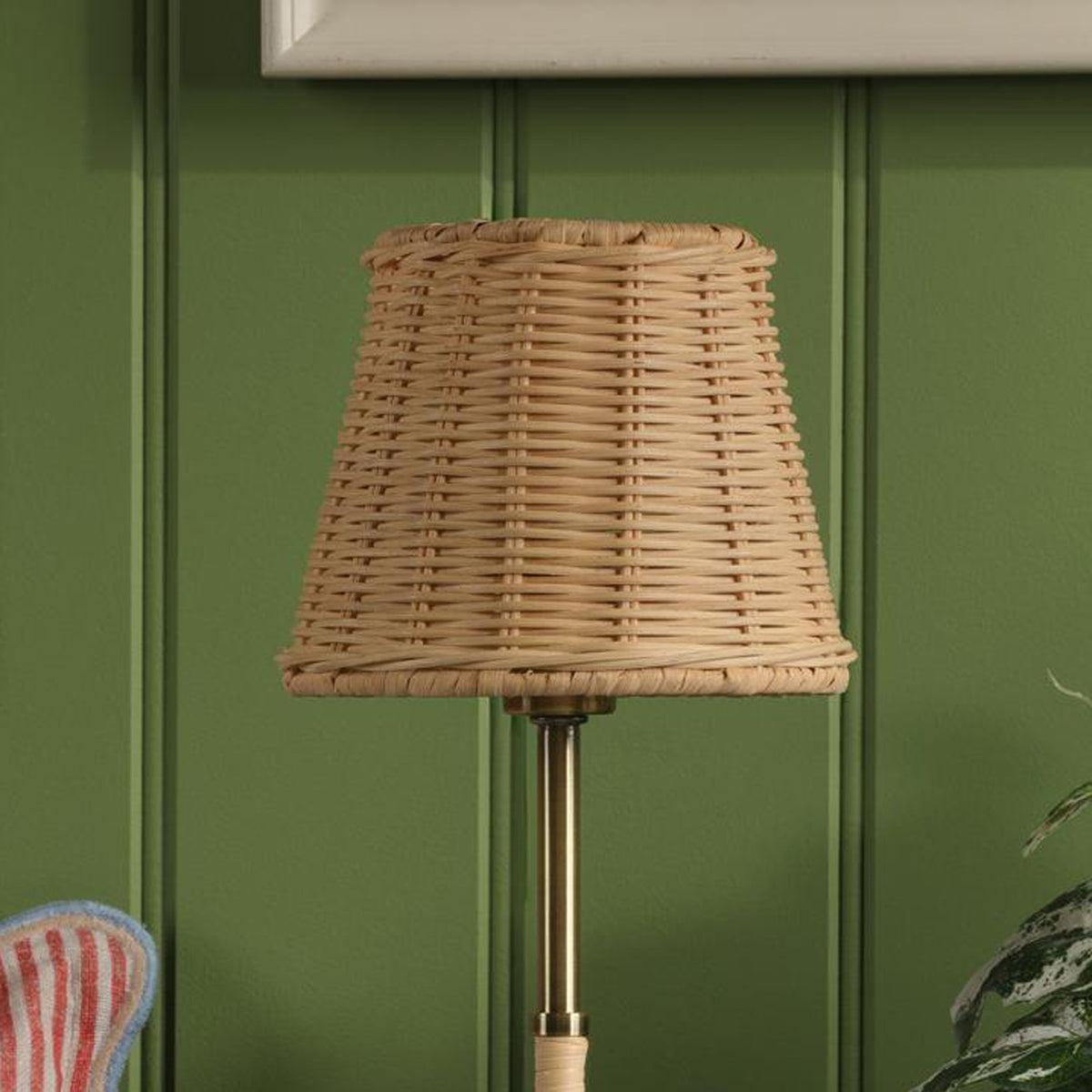 Joules Elcot rechargeable table lamp with antique brass base and natural rattan shade