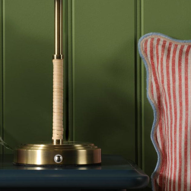 Joules Elcot rechargeable table lamp base in antique brass with wrapped rattan detail