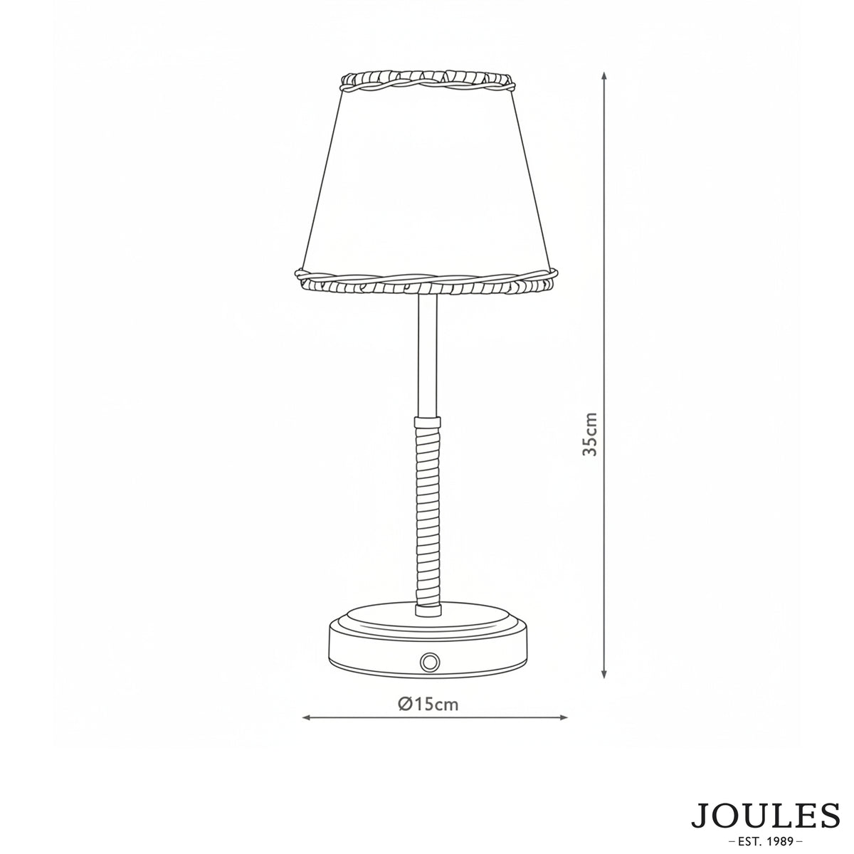 Joules Elcot rechargeable table lamp line drawing with dimensions showing 35cm height and 15cm diameter