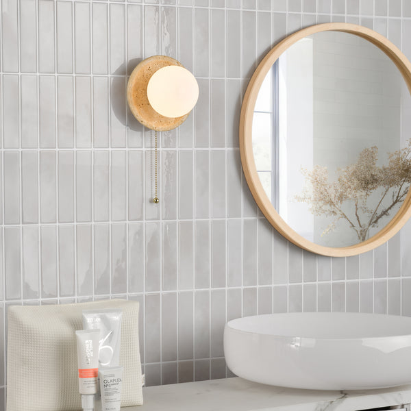 Elgor IP44 Switched Travertine Wall Light with Opal Glass Shade