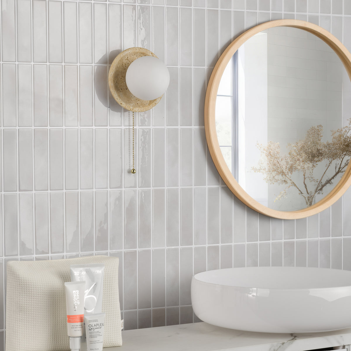 Elgor IP44 Switched Travertine Wall Light with Opal Glass Shade
