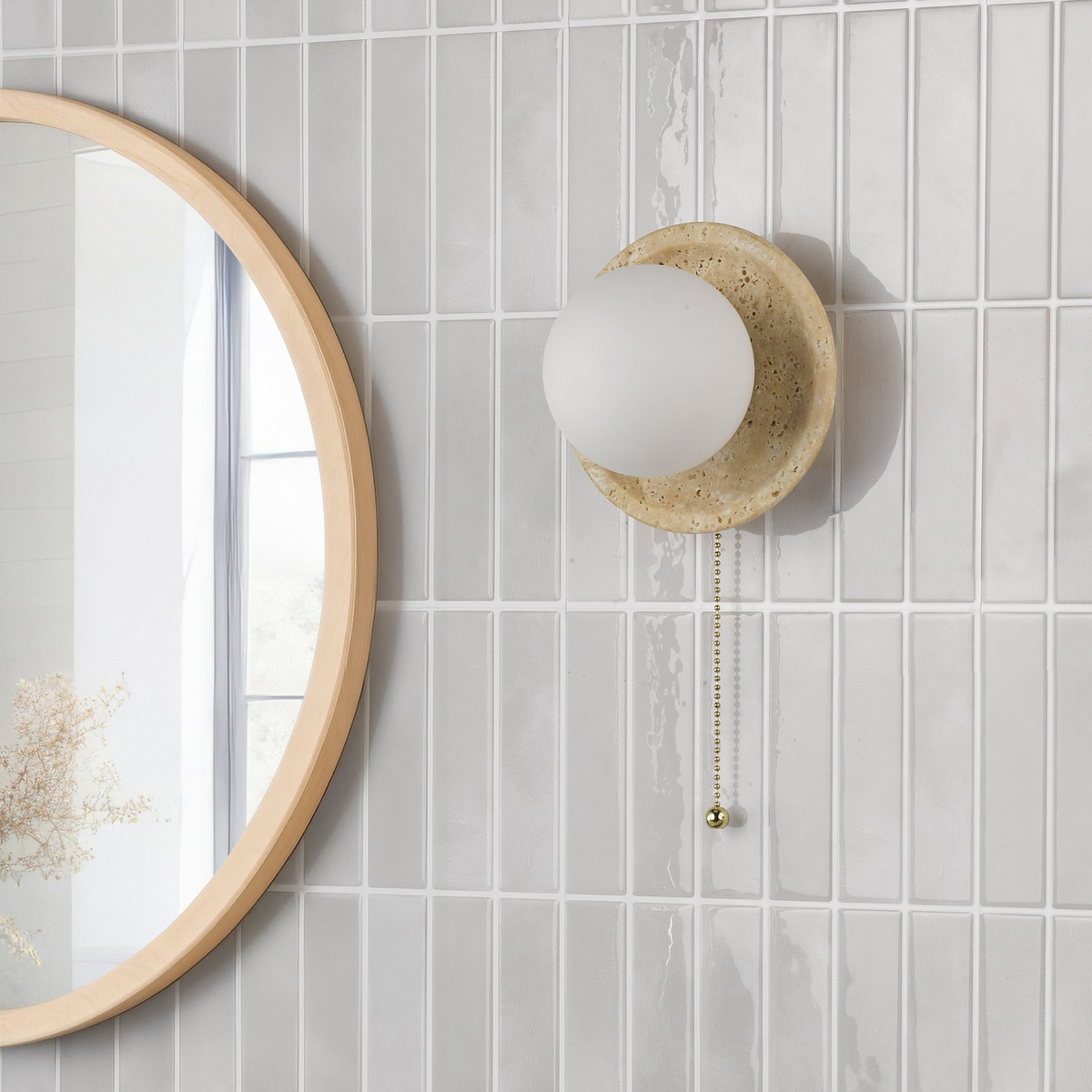 Elgor IP44 Switched Travertine Wall Light with Opal Glass Shade