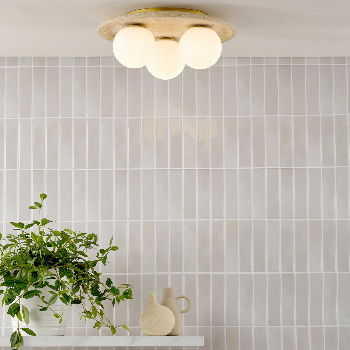 Elgor IP44 Semi Flush Travertine Ceiling Light with Opal Glass Shades