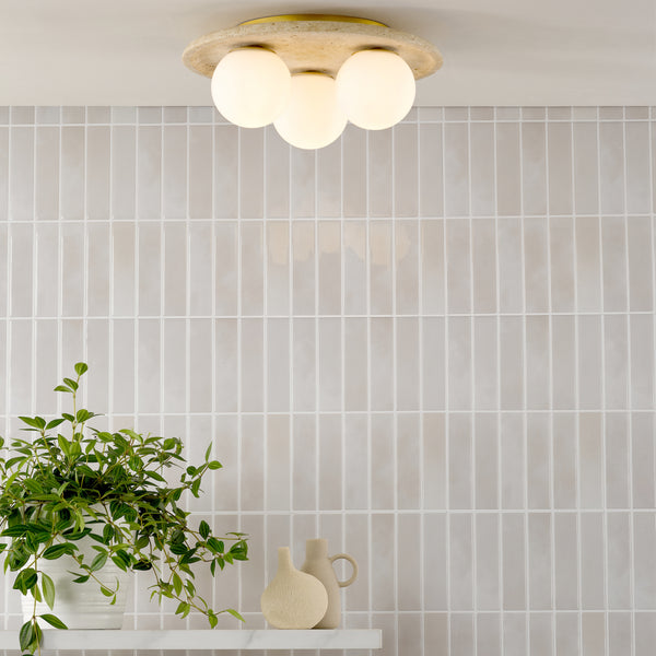 Elgor IP44 Semi Flush Travertine Ceiling Light with Opal Glass Shades