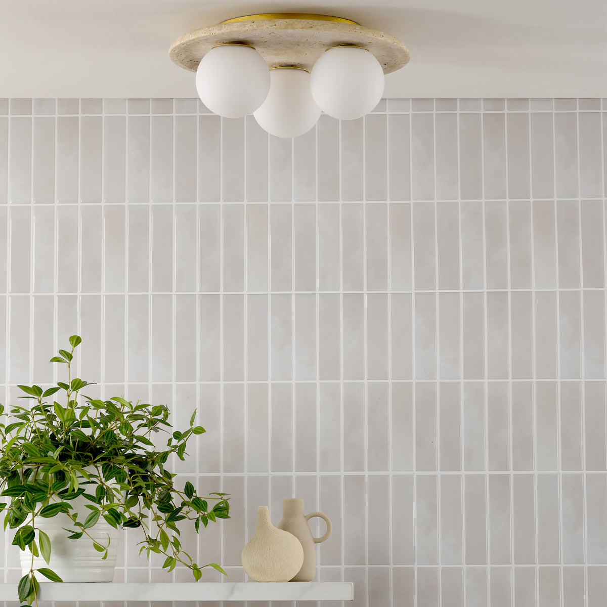 Elgor IP44 Semi Flush Travertine Ceiling Light with Opal Glass Shades