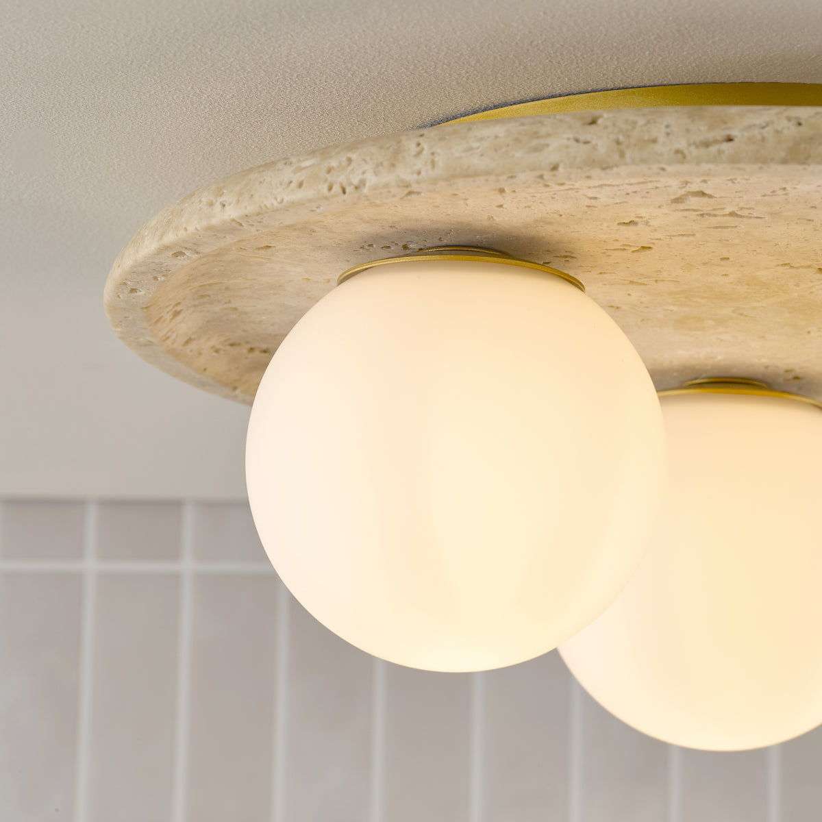 Elgor IP44 Semi Flush Travertine Ceiling Light with Opal Glass Shades