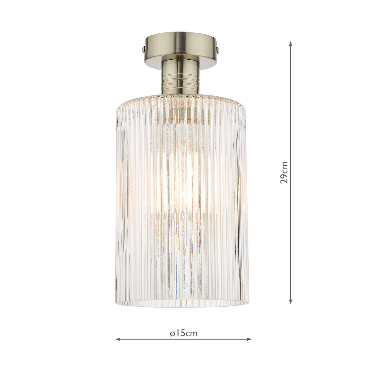 A cylindrical ceiling light with a ribbed glass shade and a brushed brass base. It measures 29cm high and 15cm wide.