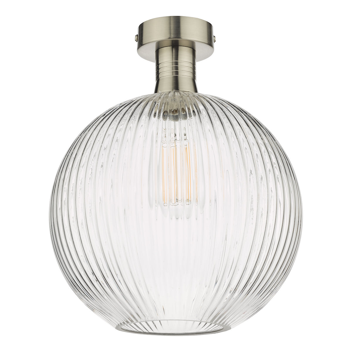 Round, ribbed glass ceiling light with a brushed nickel base and exposed filament bulb.
