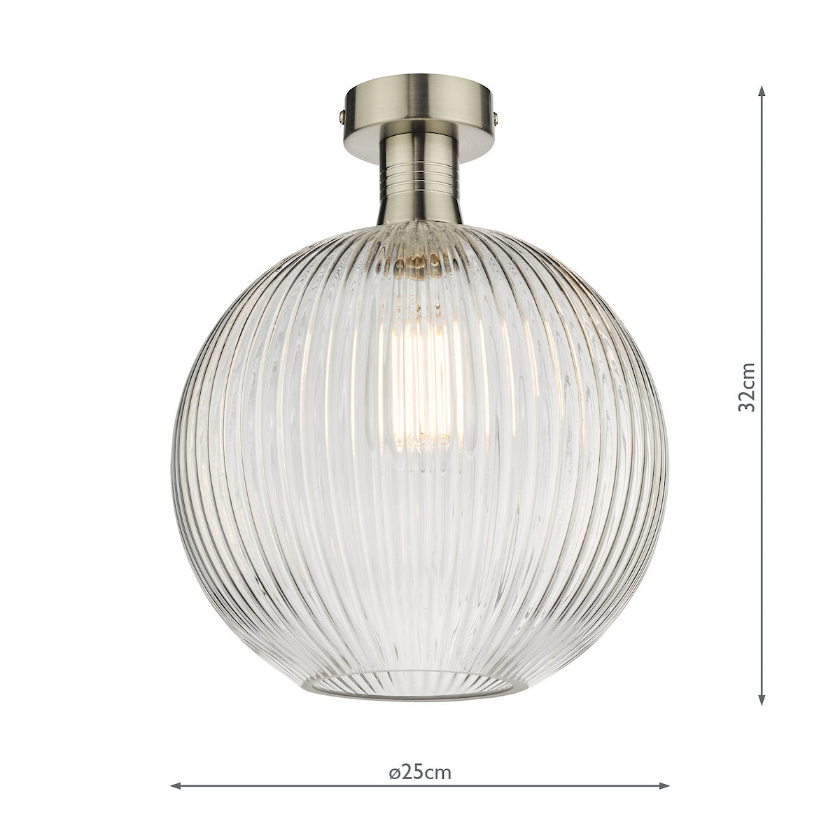 Ribbed glass ceiling light with a brushed steel base and exposed bulb.