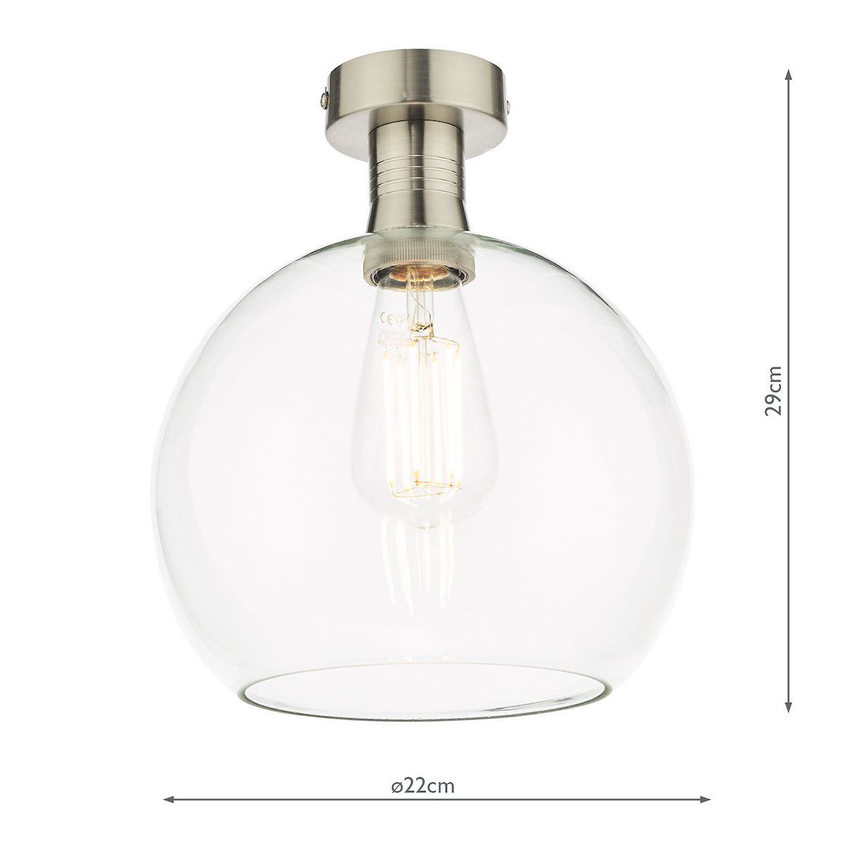 Clear glass globe ceiling light with a brushed nickel base and an exposed filament bulb.