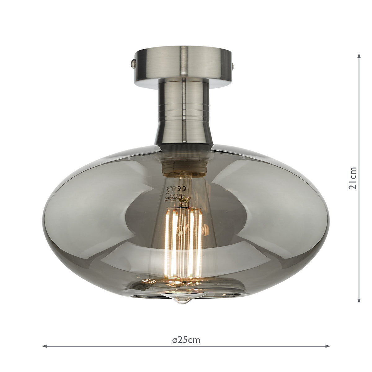 A ceiling light with a brushed steel base and a smoked glass, oval-shaped shade, showing a glowing filament bulb.
