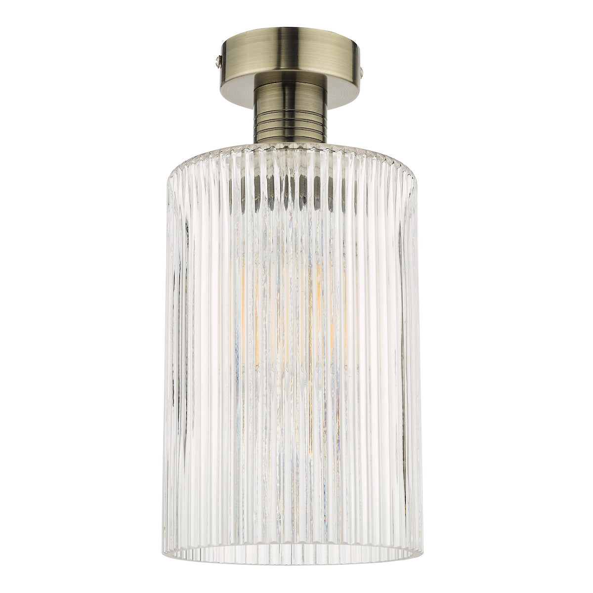 Clear ribbed glass ceiling light with an antique brass base.