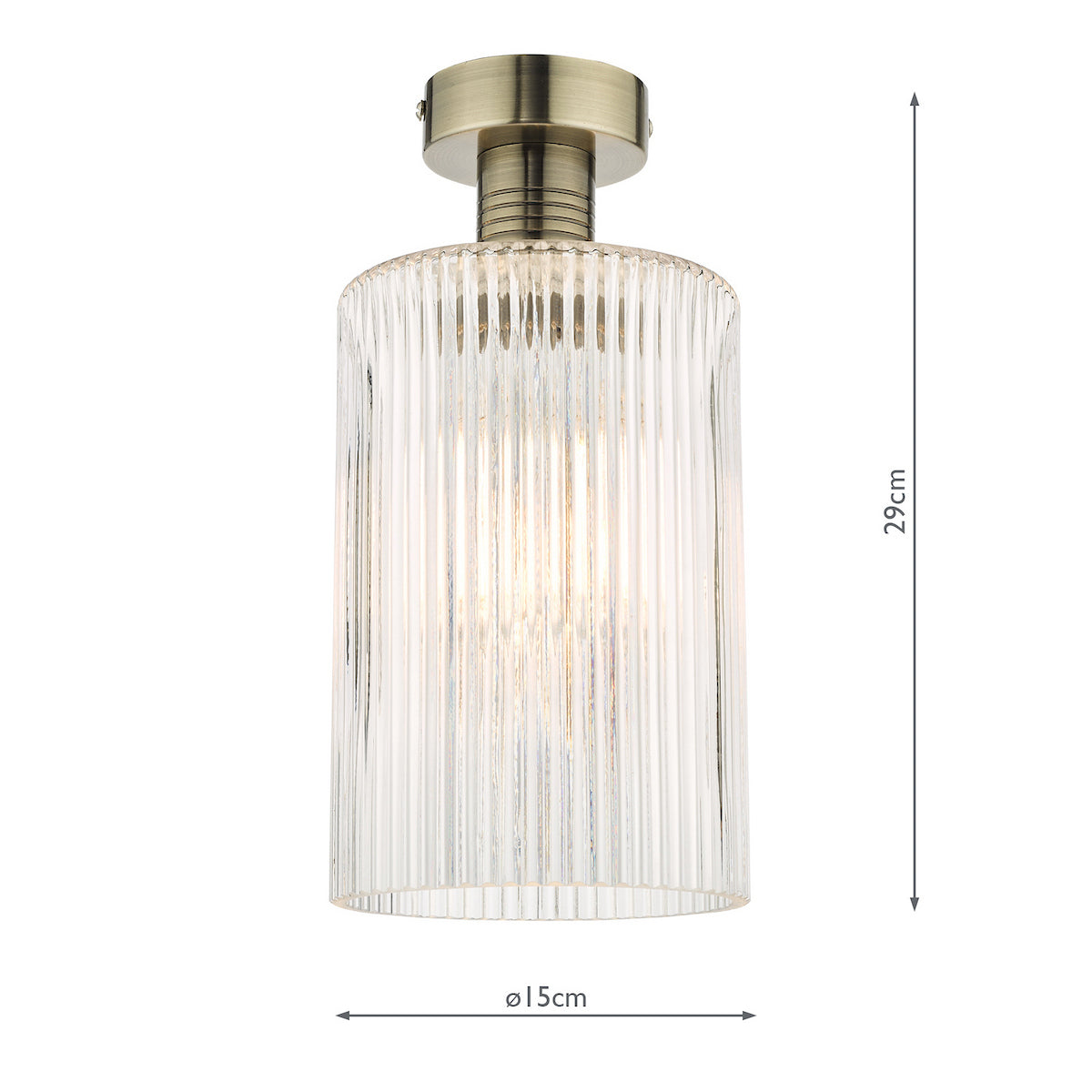 A ceiling light with a ribbed glass shade and an antique brass base, measuring 29cm high and 15cm wide.