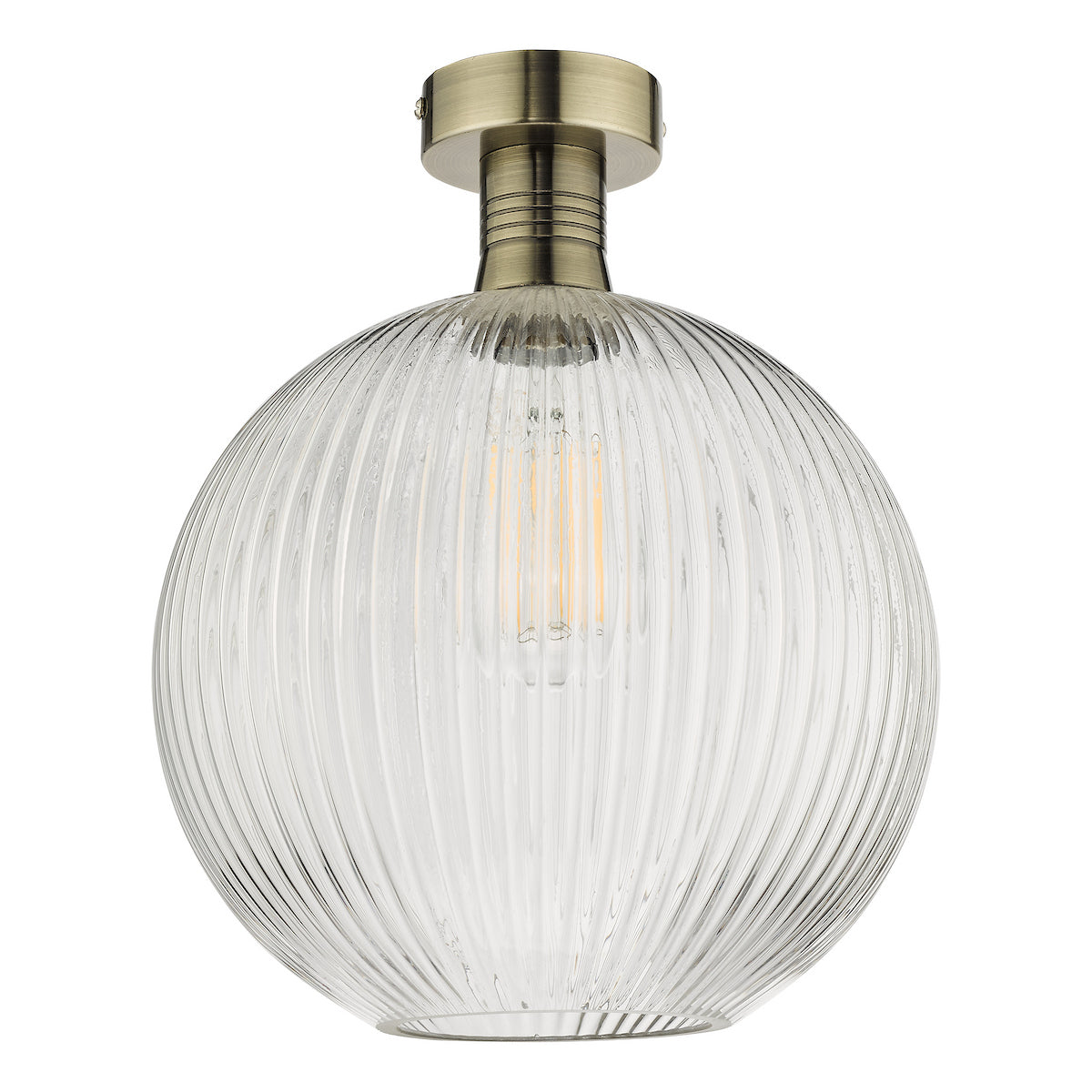 Ribbed glass globe ceiling light with an antique brass base and exposed bulb.
