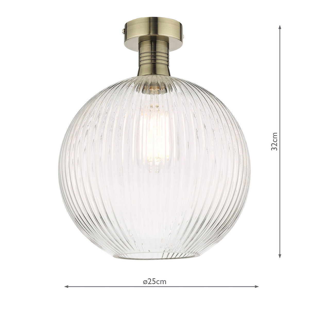 Ribbed glass globe ceiling light with brass fitting, 32cm high and 25cm wide.