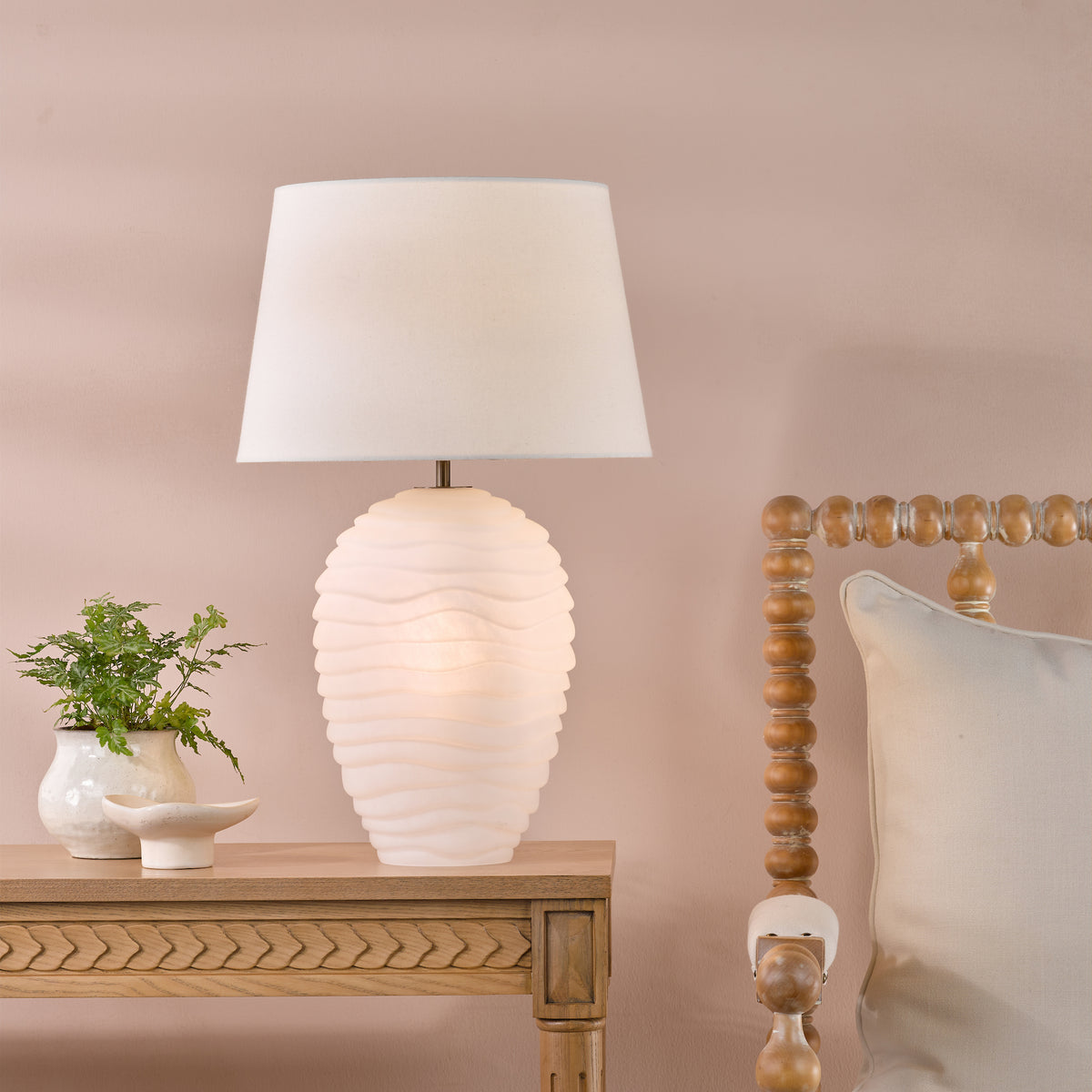 Encara Dual Source White Glass Table Lamp with Ivory  Linen Shade