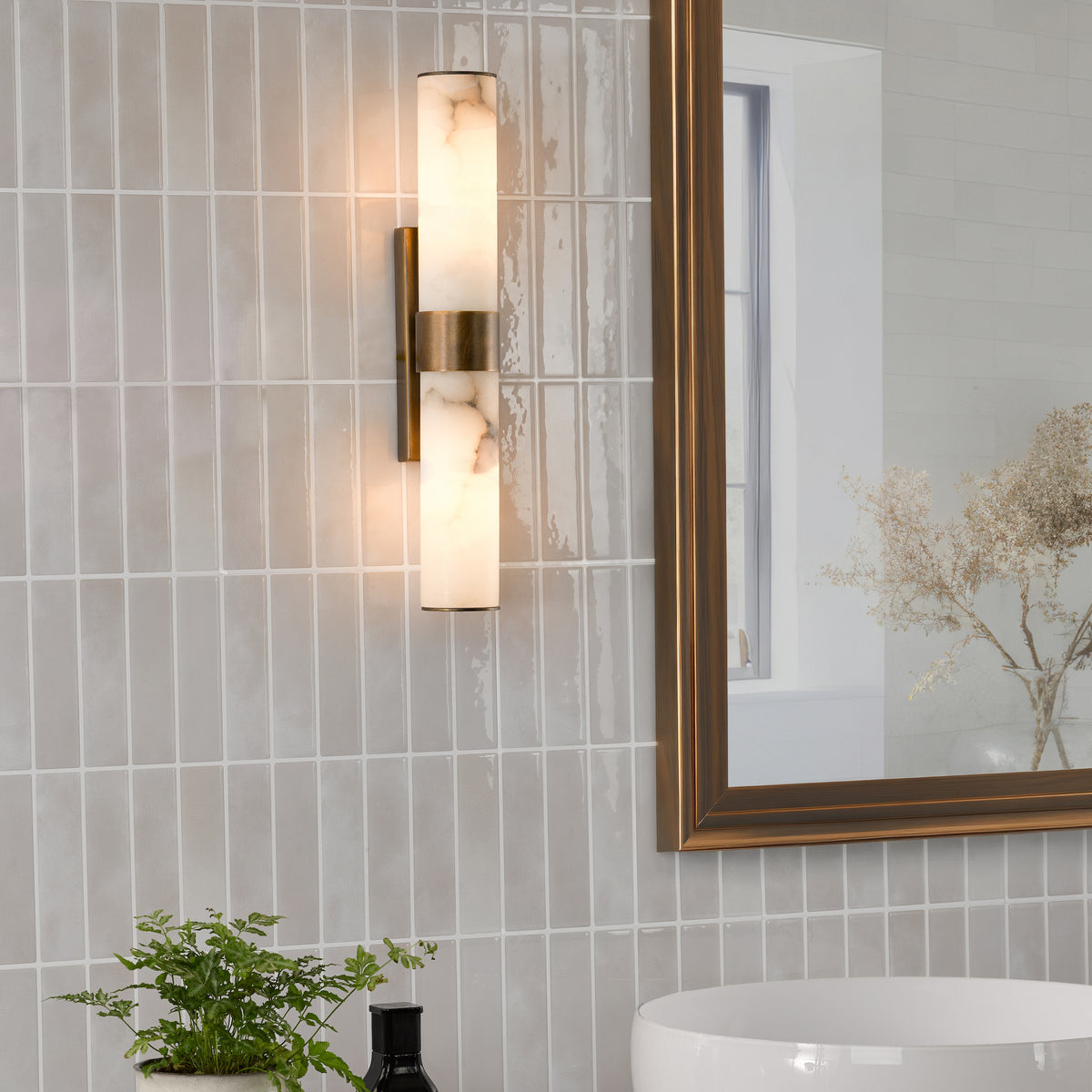 Eneco IP44 Antique Bronze Up & Down Wall Light with Natural Alabaster Shades