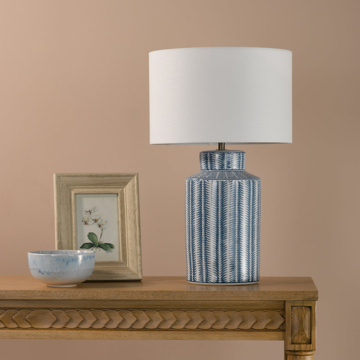 Ennio Ceramic Table Lamp in Blue with Ivory Linen Shade