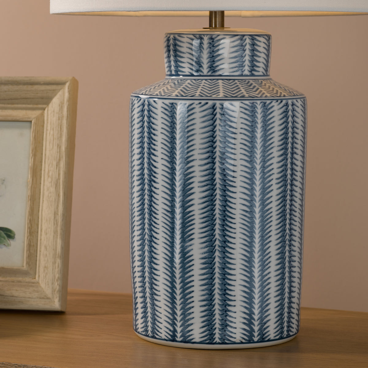 Ennio Ceramic Table Lamp in Blue with Ivory Linen Shade